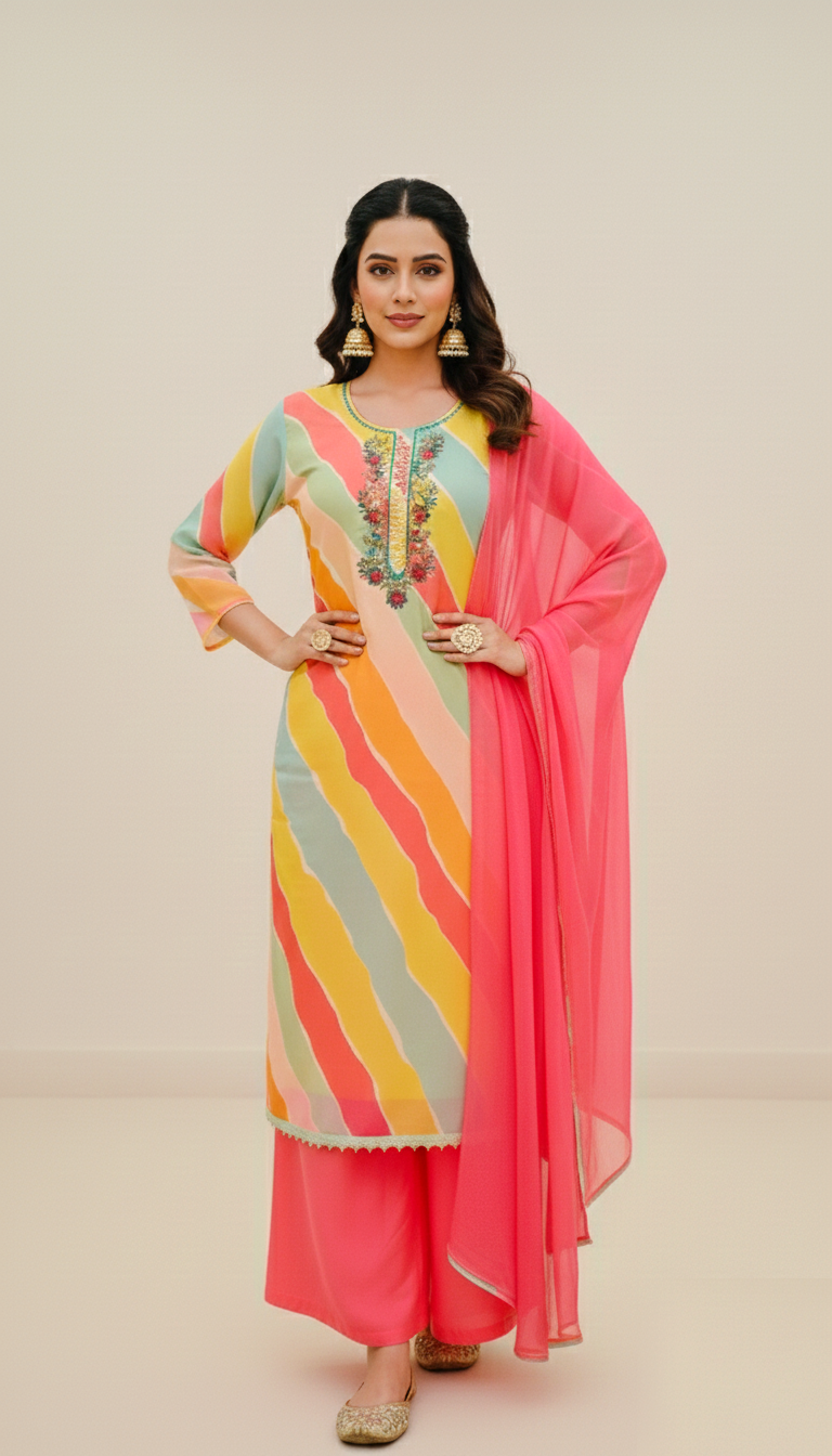 MULTI COLOUR Viscose Organza 3-Piece Ethnic Suit Set – Kurta, Pant & Dupatta