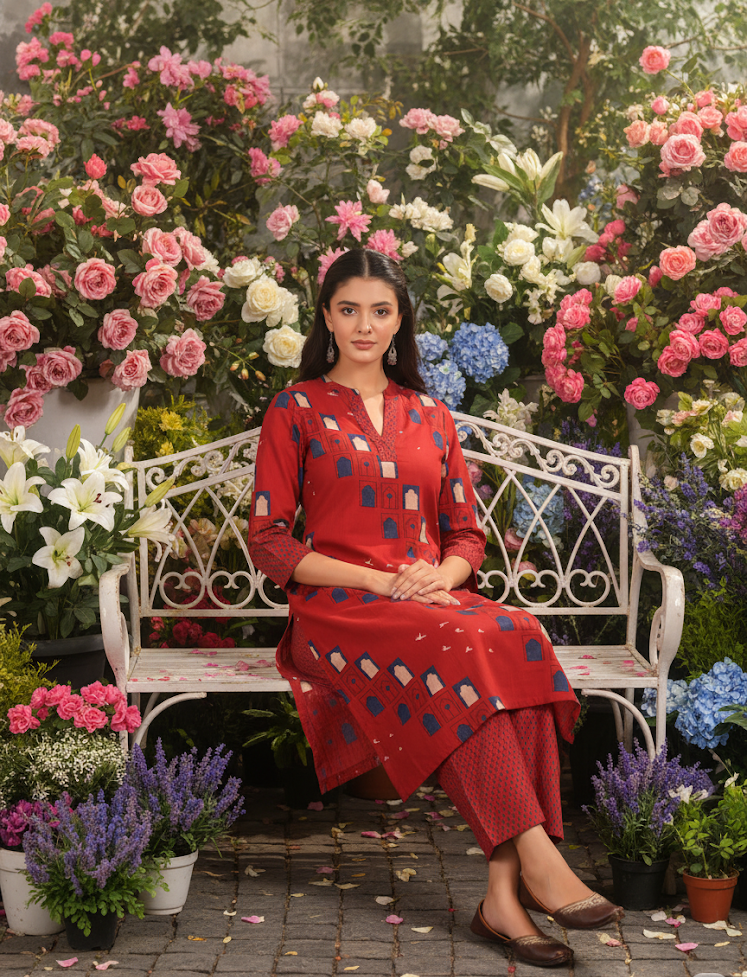 Brick Red Cotton Slub Straight Kurta with Afghani Pants Set