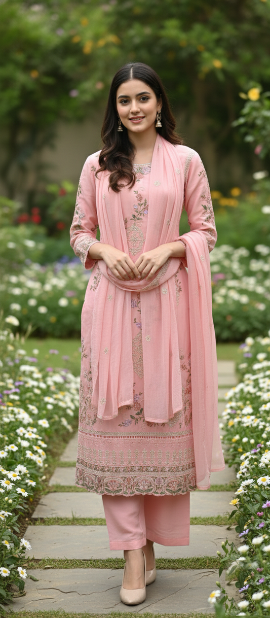 Pink Viscose Organza 3-Piece Ethnic Suit Set – Kurta, Pant & Dupatta