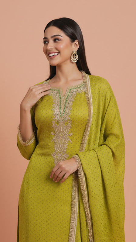 Fresh Green Silk 3-Piece Ethnic Suit Set – Kurta, Pant & Dupatta