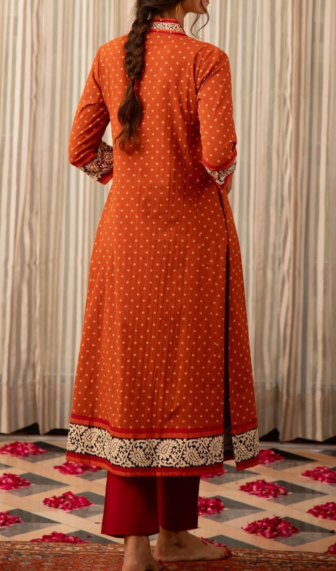 Rust Bandhej Printed Cotton Kurta