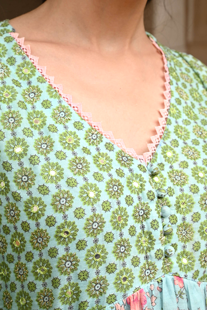 Green Mulmul Embroidered Kurta Palazzo Set with Dupatta