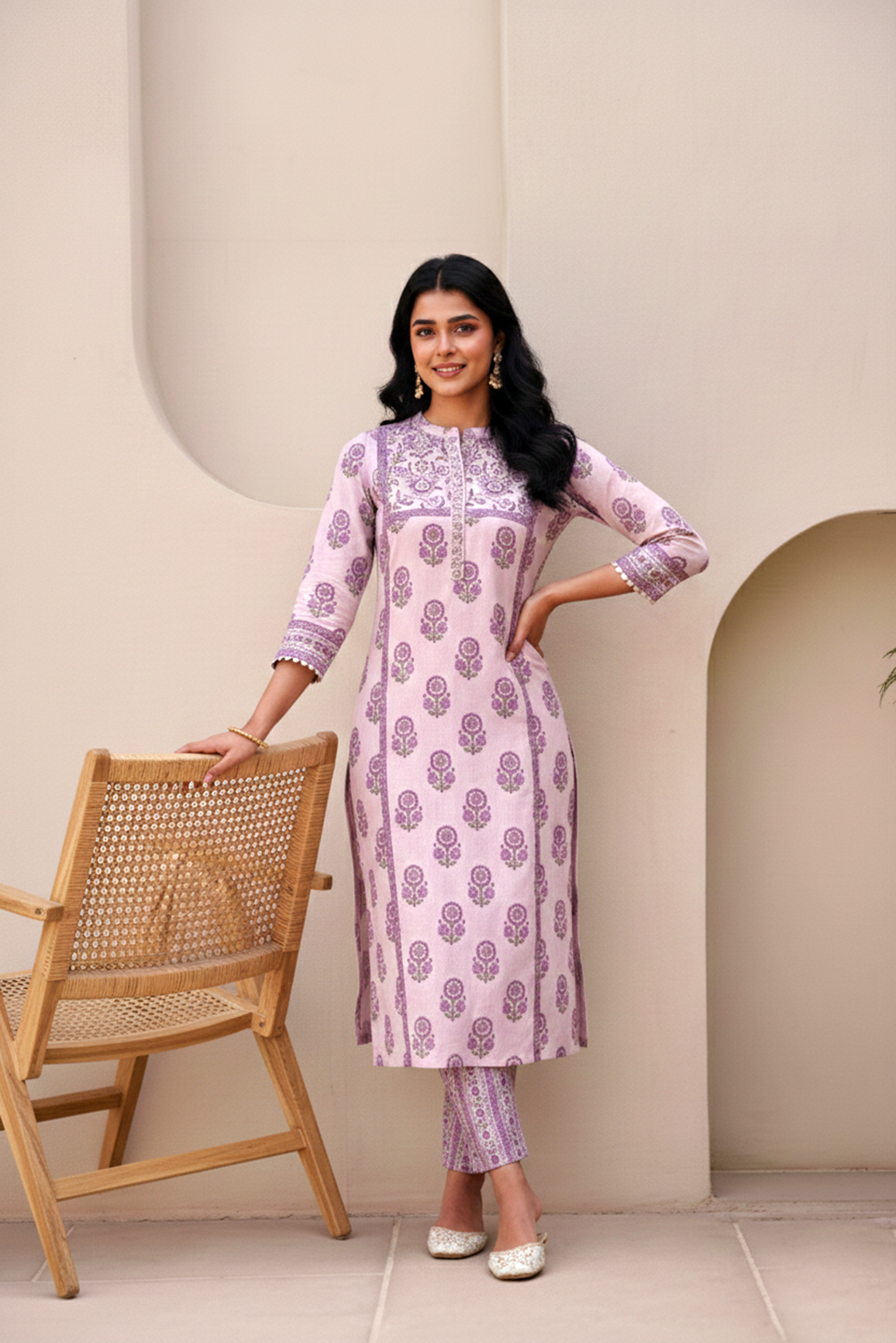 Lavender Printed Cotton Kurta Set (Lace + Sequin)