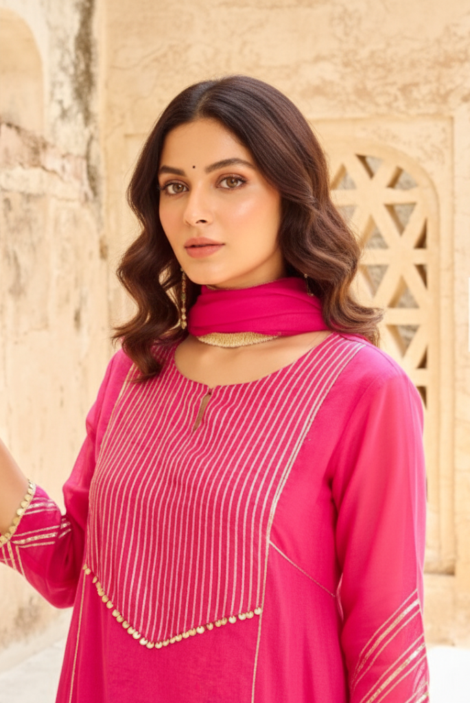 Rani Chanderi Gota Embellished Kurta‑Pant Set with Dupatta