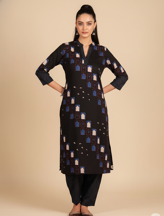 Black Cotton Slub Kurta + Afghani Pant