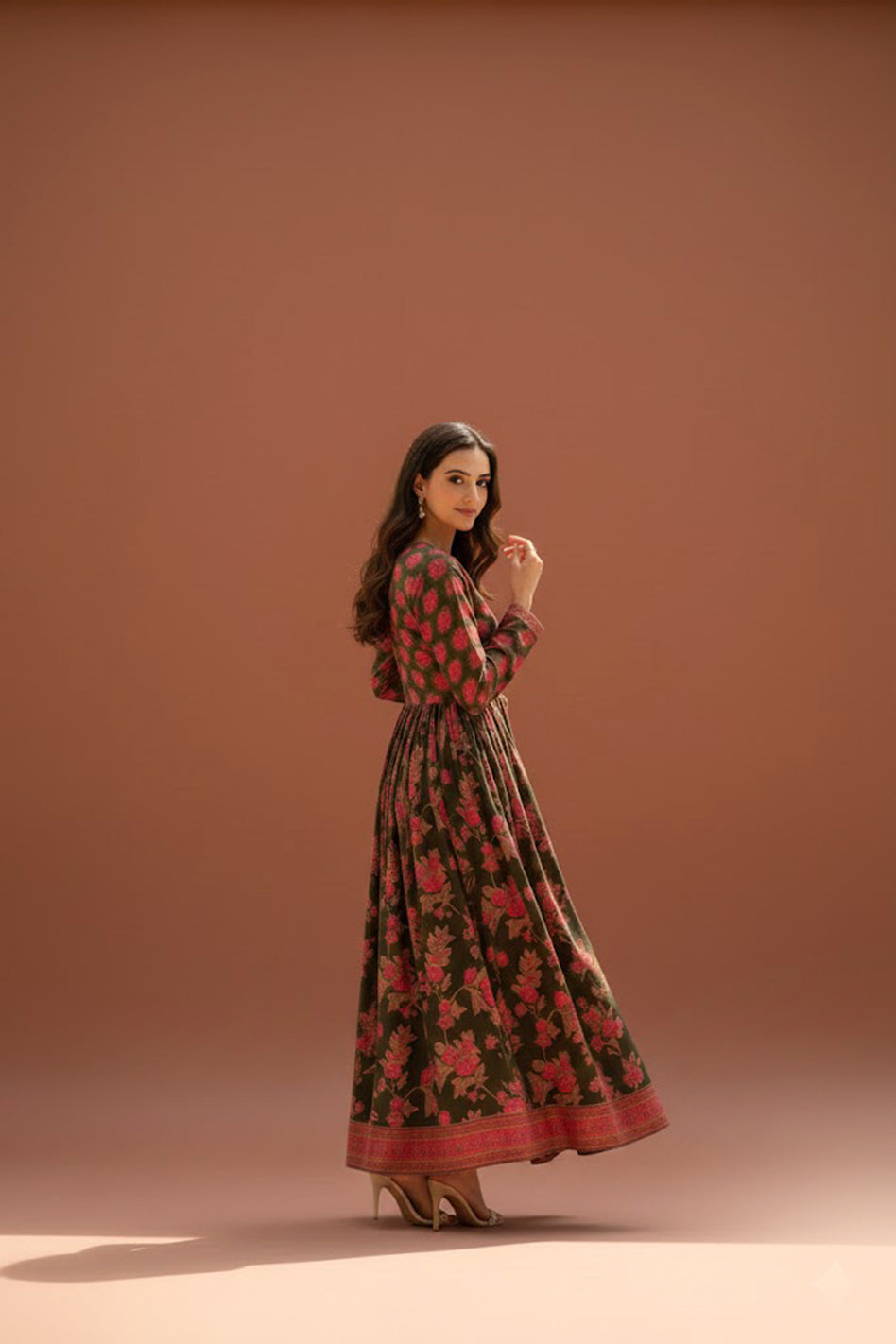 Floral Green Printed Angrakha Kalidaar Kurta