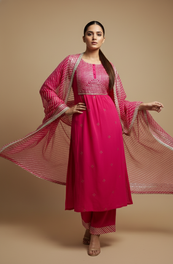 Pink Embroidered Mulmul Kurta Pant Set