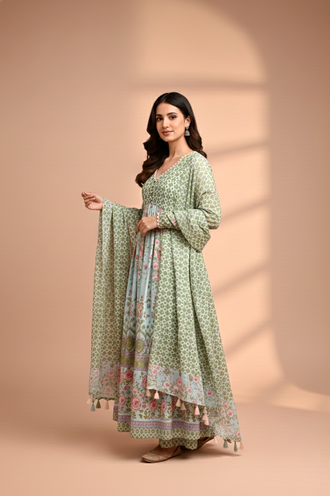 Green Mulmul Embroidered Kurta Palazzo Set with Dupatta
