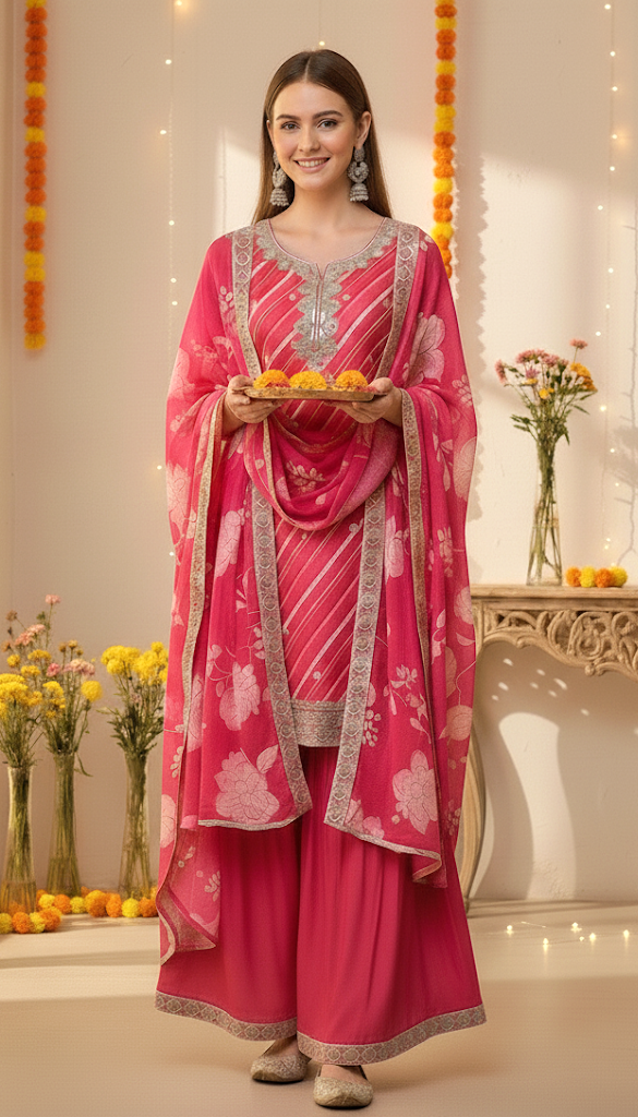 Floral Printed Kurta, Sharara And Dupatta Set