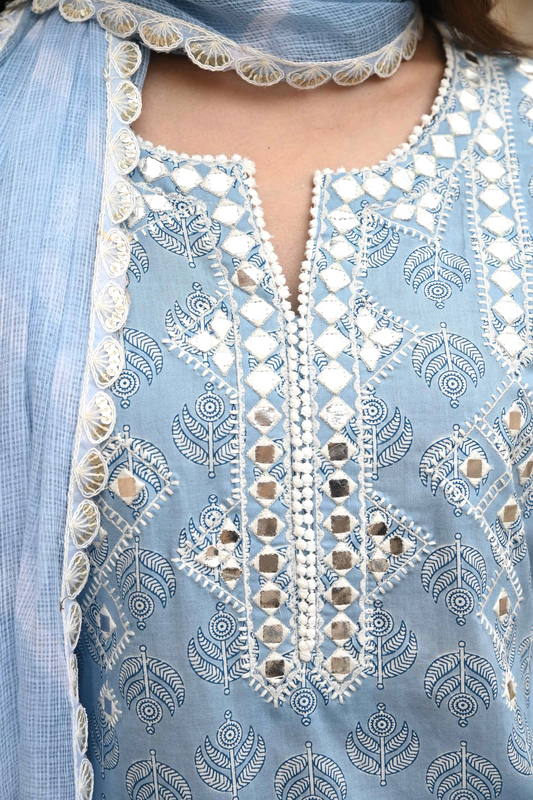 Soft blue Embroidered Cotton Kurta Pant Set with Dupatta