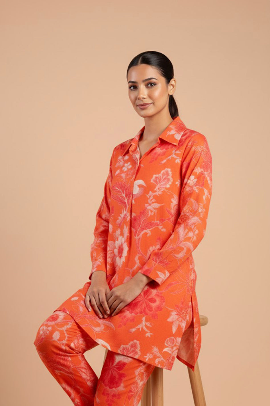 Orange Modal Full Sleeves Shirt Collar Co‑Ord Set