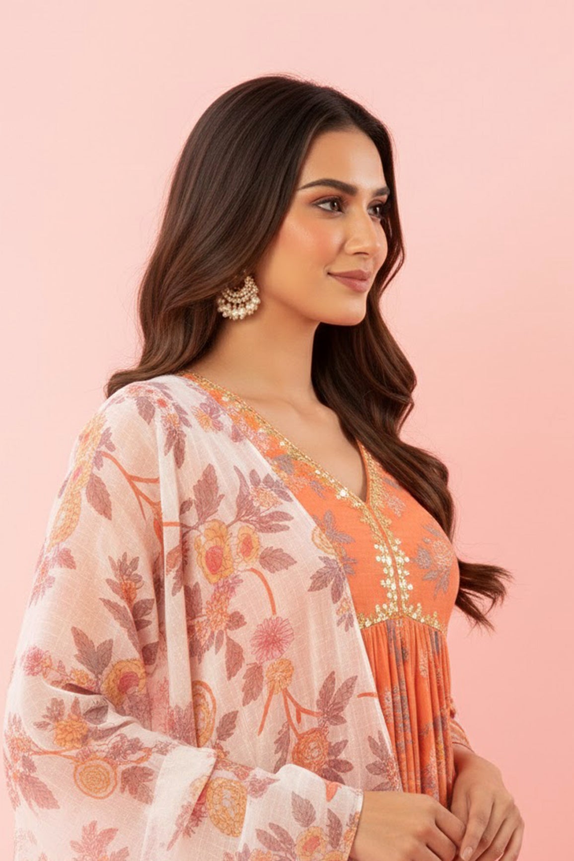 Orange Floral Printed A-Line Kurta Palazzo Set