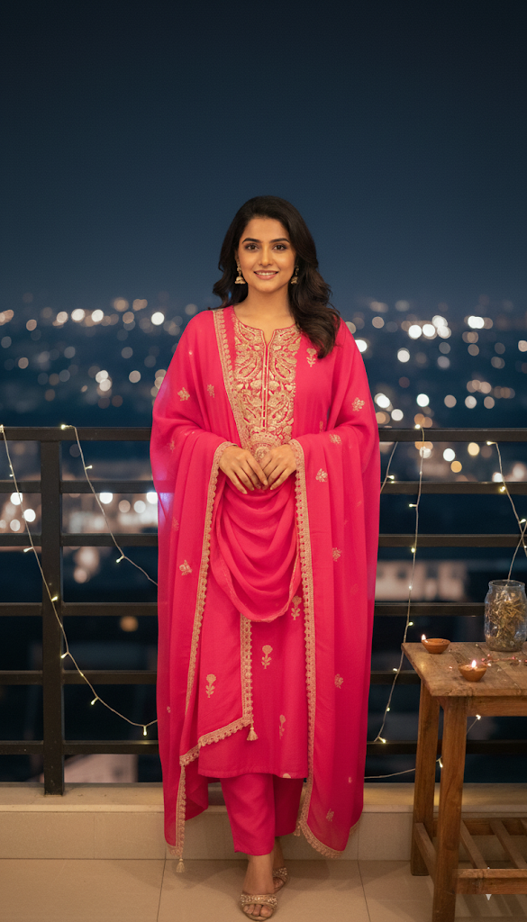 Pink Pure Viscose 3-Piece Ethnic Suit Set – Kurta, Palazo & Embroidered Viscose Silk Dupatta