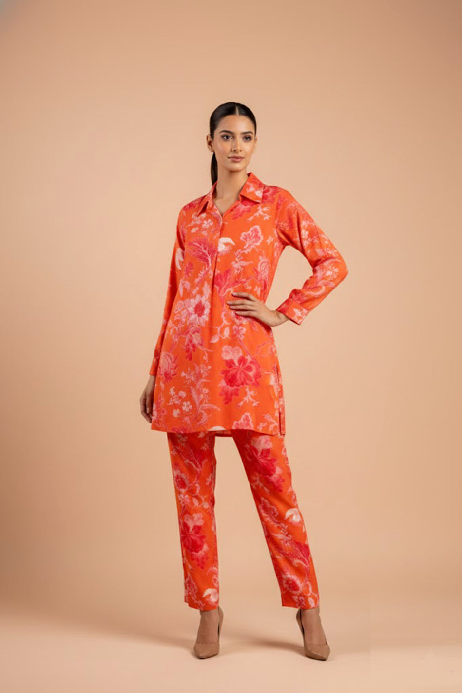 Orange Modal Full Sleeves Shirt Collar Co‑Ord Set