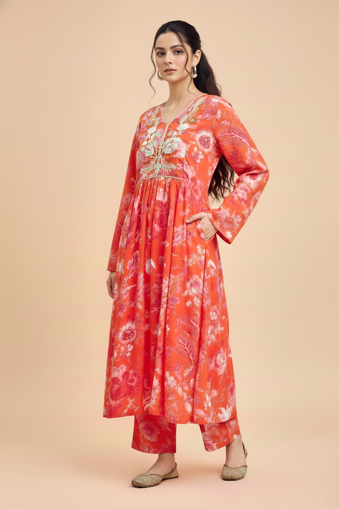 Orange Modal Embroidered Co‑Ord Set