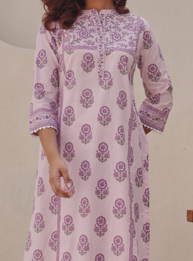 Lavender Printed Cotton Kurta Set (Lace + Sequin)