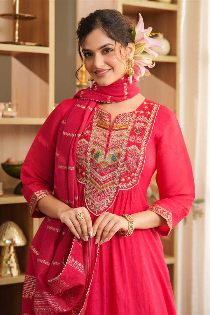 Red Mul Chanderi Thread‑Embroidered Anarkali Suit Set