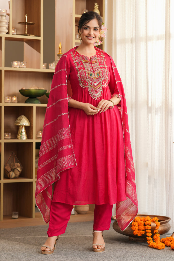 Red Mul Chanderi Thread‑Embroidered Anarkali Suit Set