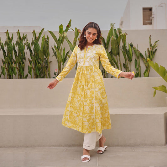 Soft yellow Floral Printed Mulmul Kurta and Pant with Lucknowi Embroidery