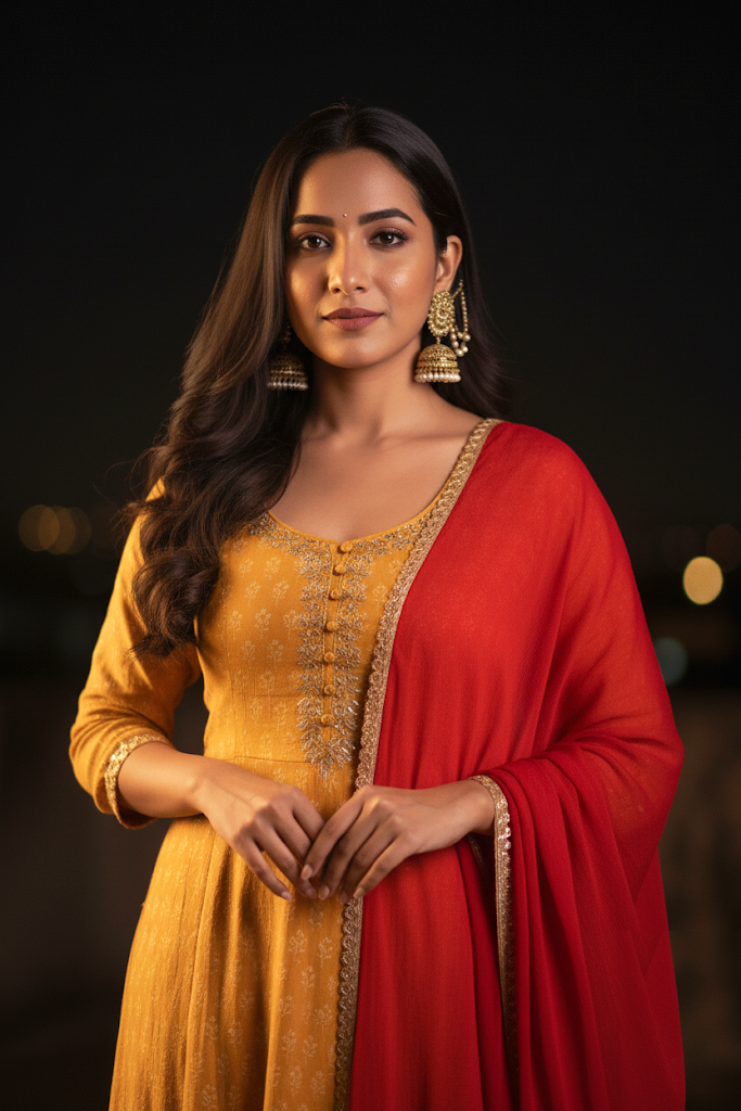 Mustard Red Kalidar Kurta Set