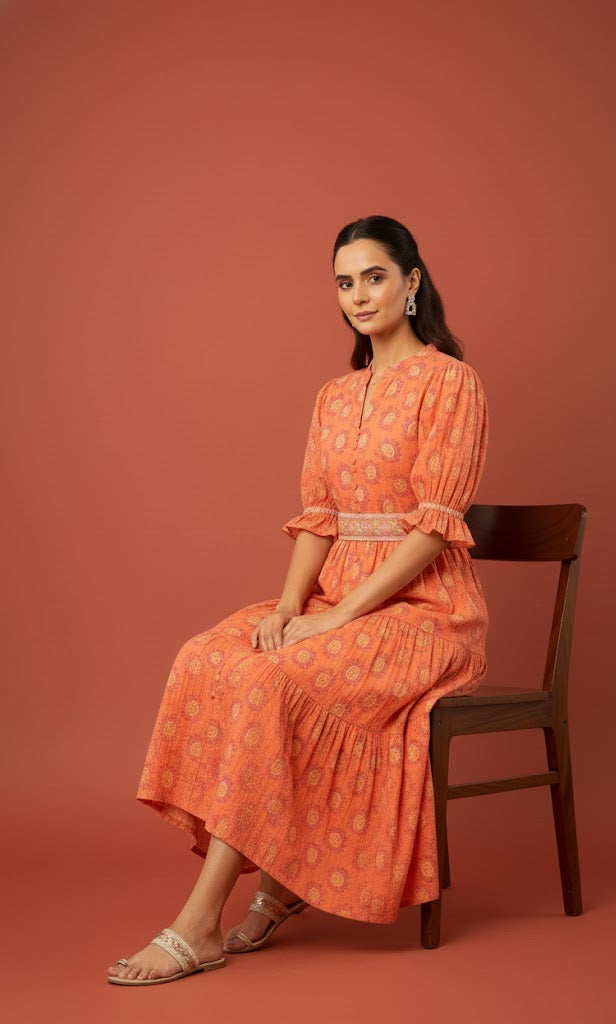 Orange Printed Tiered Maxi Dress with a Belt