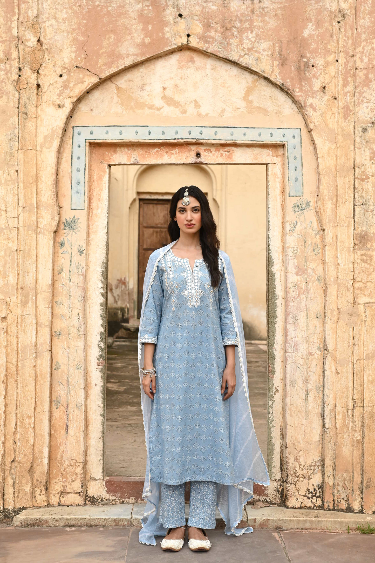 Soft blue Embroidered Cotton Kurta Pant Set with Dupatta