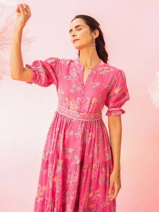 Pink Printed Tiered Maxi Dress with a Belt
