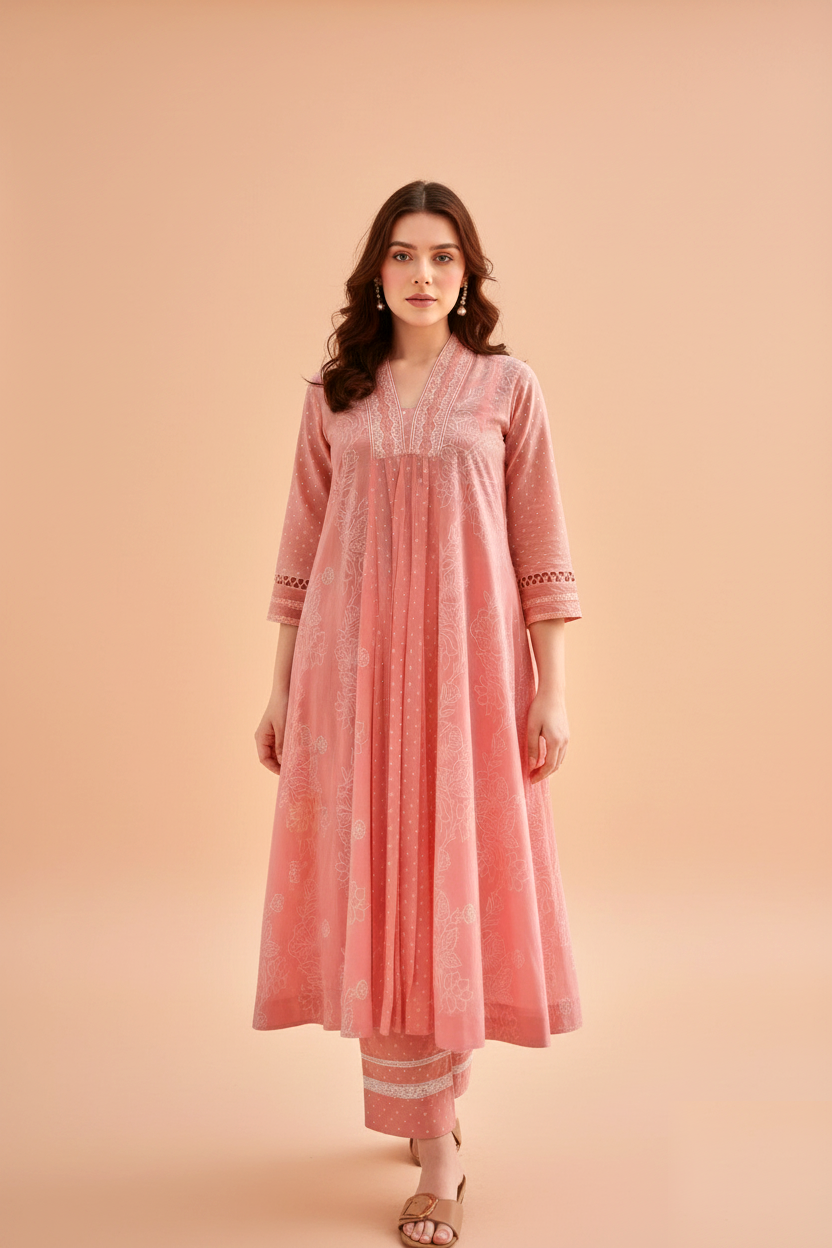 Pink Chunakhari Printed Cotton Kurta Set with Pearl Lace Work