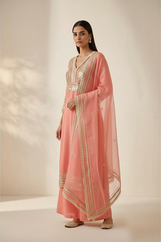 Pink Rasian Silk 3-Piece Ethnic Suit Set – Kurta, Pant & Dupatta