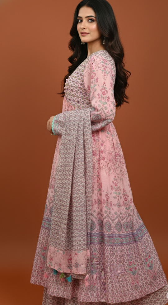 Elegant Mulmul Embroidered Kurta Palazzo Set with Dupatta