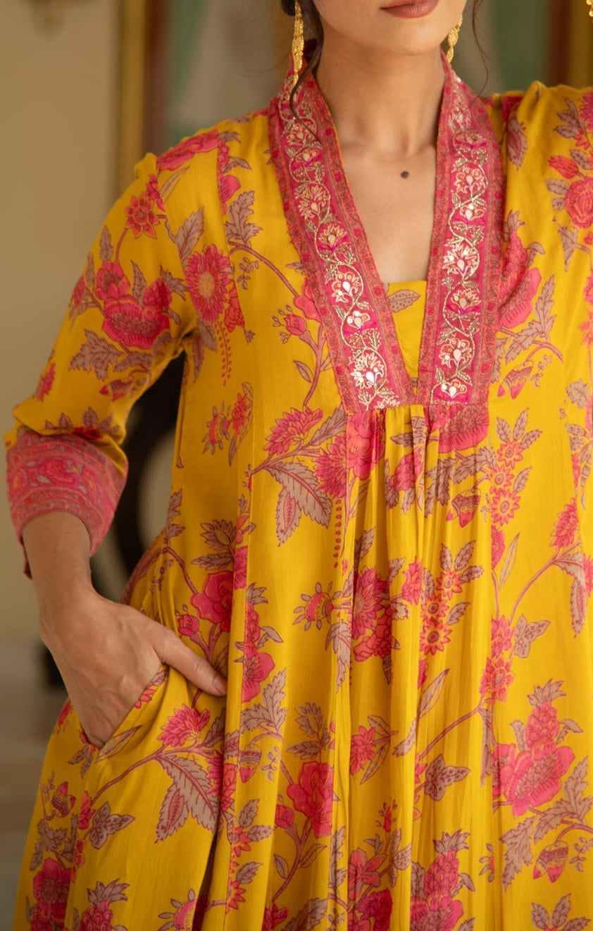 Mustard Printed Viscose Modal A-Line Gathered Yoke Kurta with Pink Printed Pant