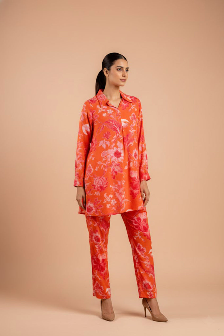 Orange Modal Full Sleeves Shirt Collar Co‑Ord Set