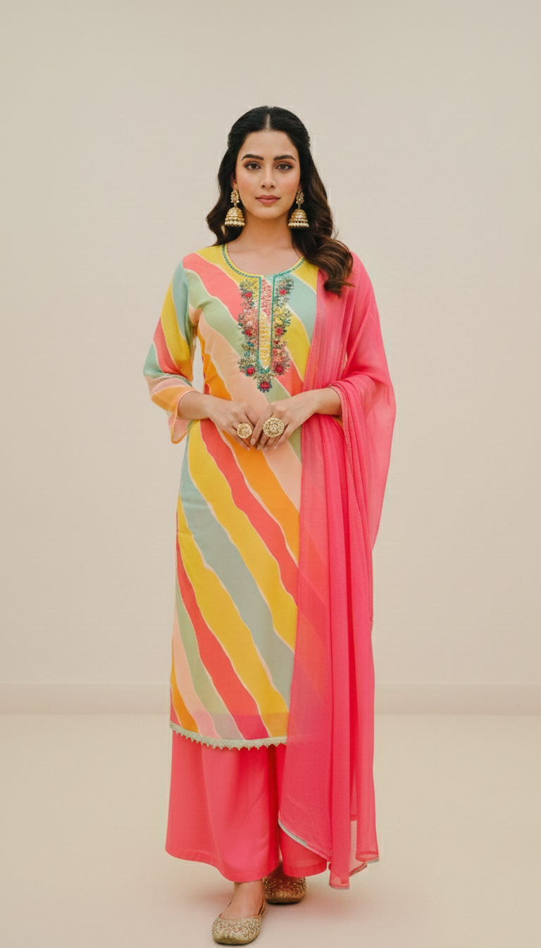 MULTI COLOUR Viscose Organza 3-Piece Ethnic Suit Set – Kurta, Pant & Dupatta