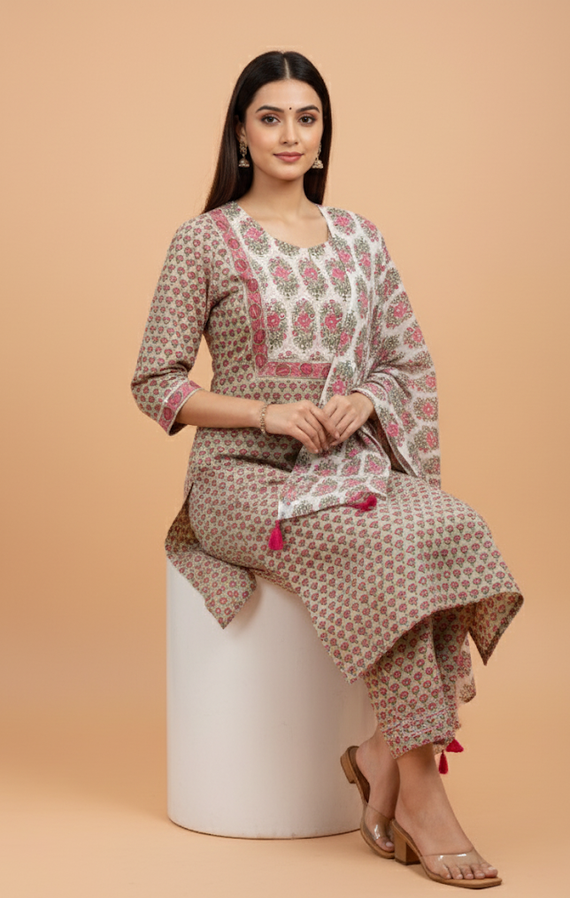 Multi colour  block print Cotton Kurta Pant Set with Dupatta