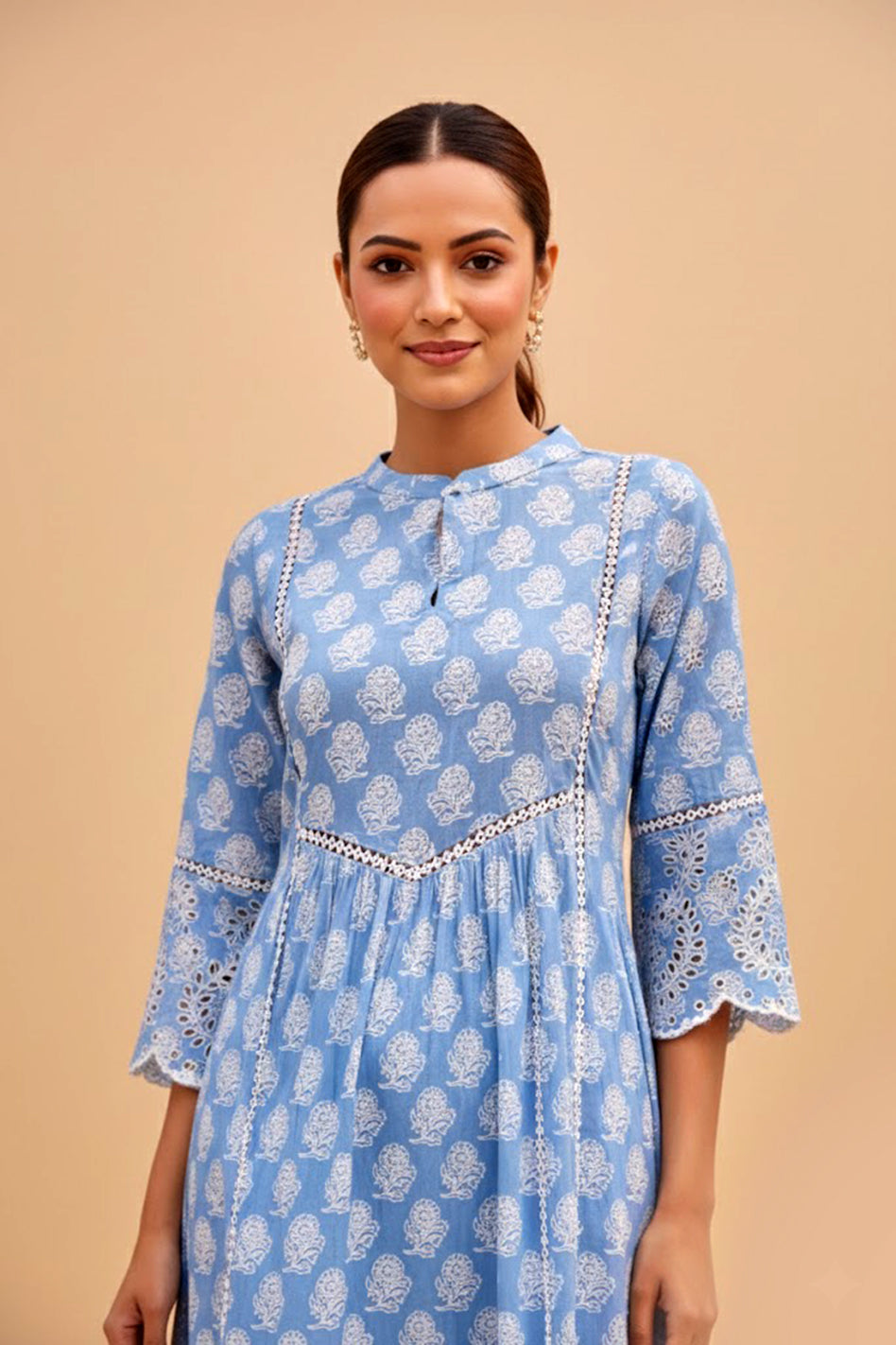 Blue Printed Cotton Kurta with Schiffli Lace & Sequin Work