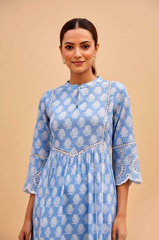 Blue Printed Cotton Kurta with Schiffli Lace & Sequin Work