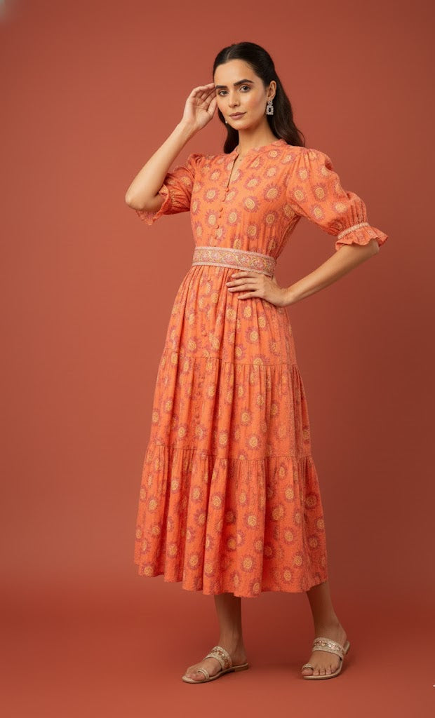 Orange Printed Tiered Maxi Dress with a Belt