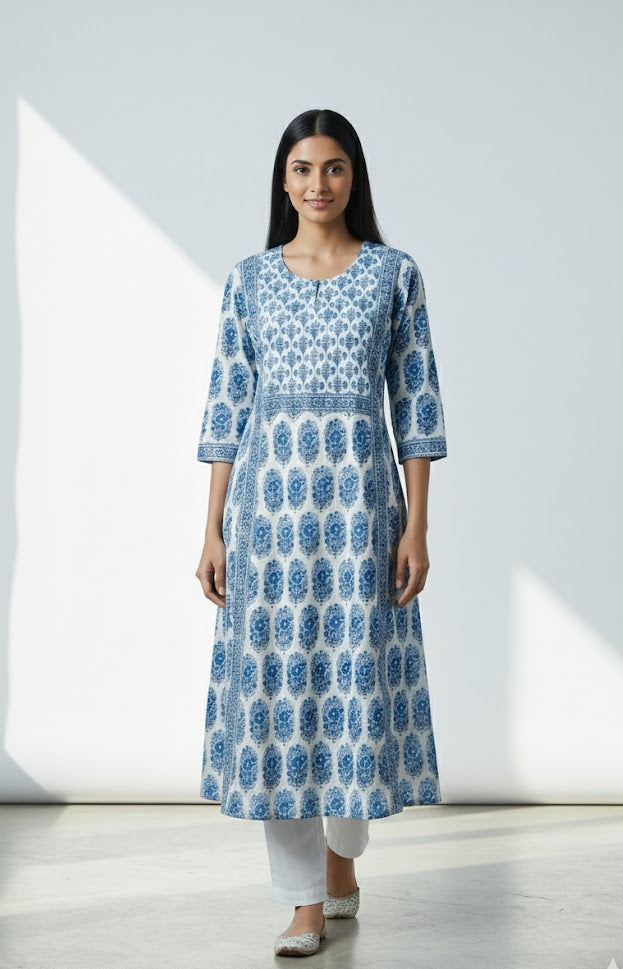 Blue Printed A-Line Kurta with Pant and Dupatta
