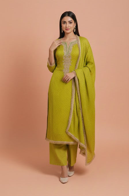 Fresh Green Silk 3-Piece Ethnic Suit Set – Kurta, Pant & Dupatta