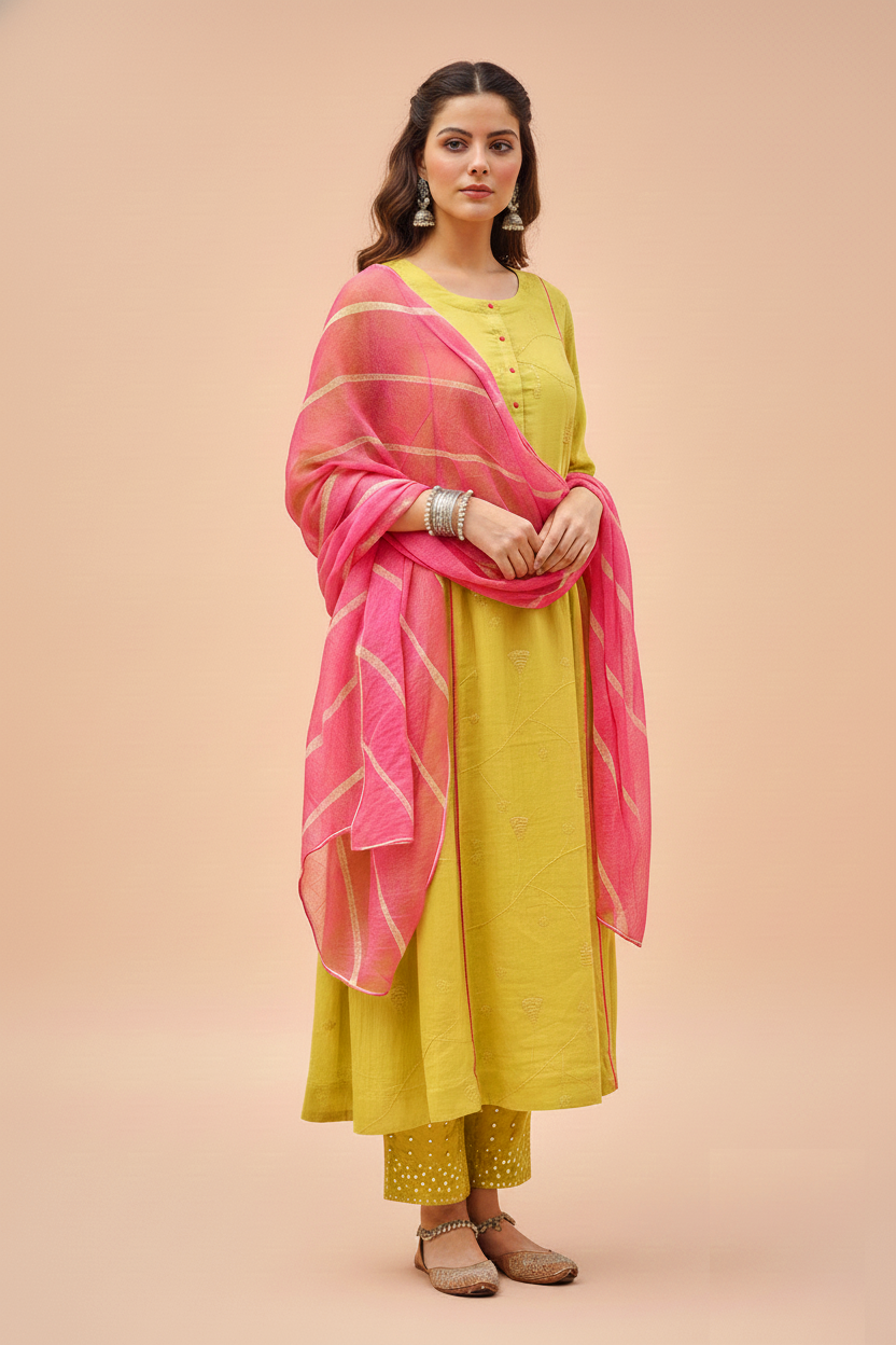 Lime Green Embroidered Kurta Pant Set with Dupatta