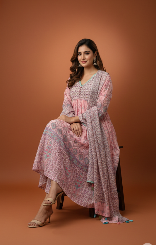Elegant Mulmul Embroidered Kurta Palazzo Set with Dupatta