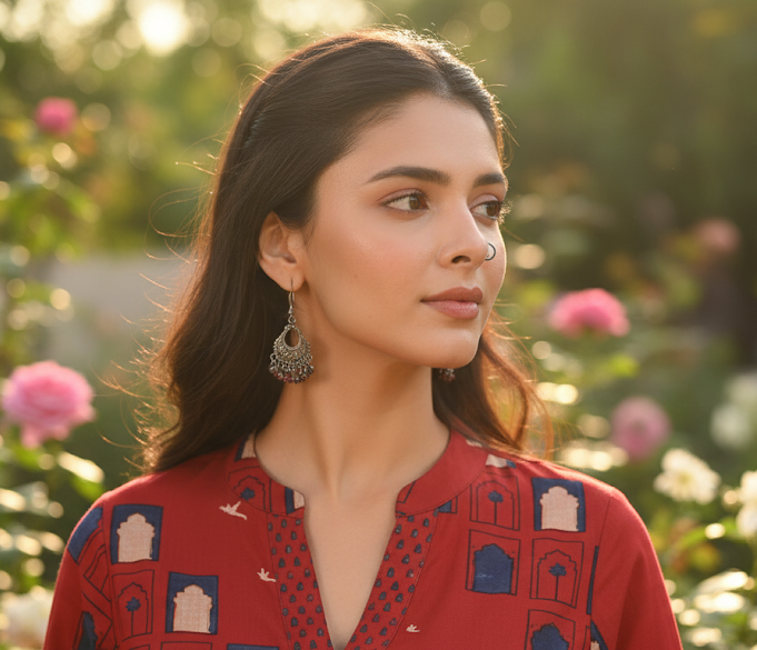 Brick Red Cotton Slub Straight Kurta with Afghani Pants Set