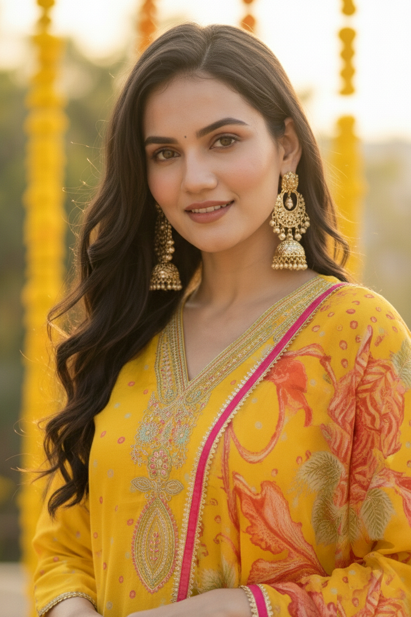 Soft Summer Yellow Pure Viscose 3-Piece Ethnic Suit Set – Kurta, Pant & Floral Silk Dupatta