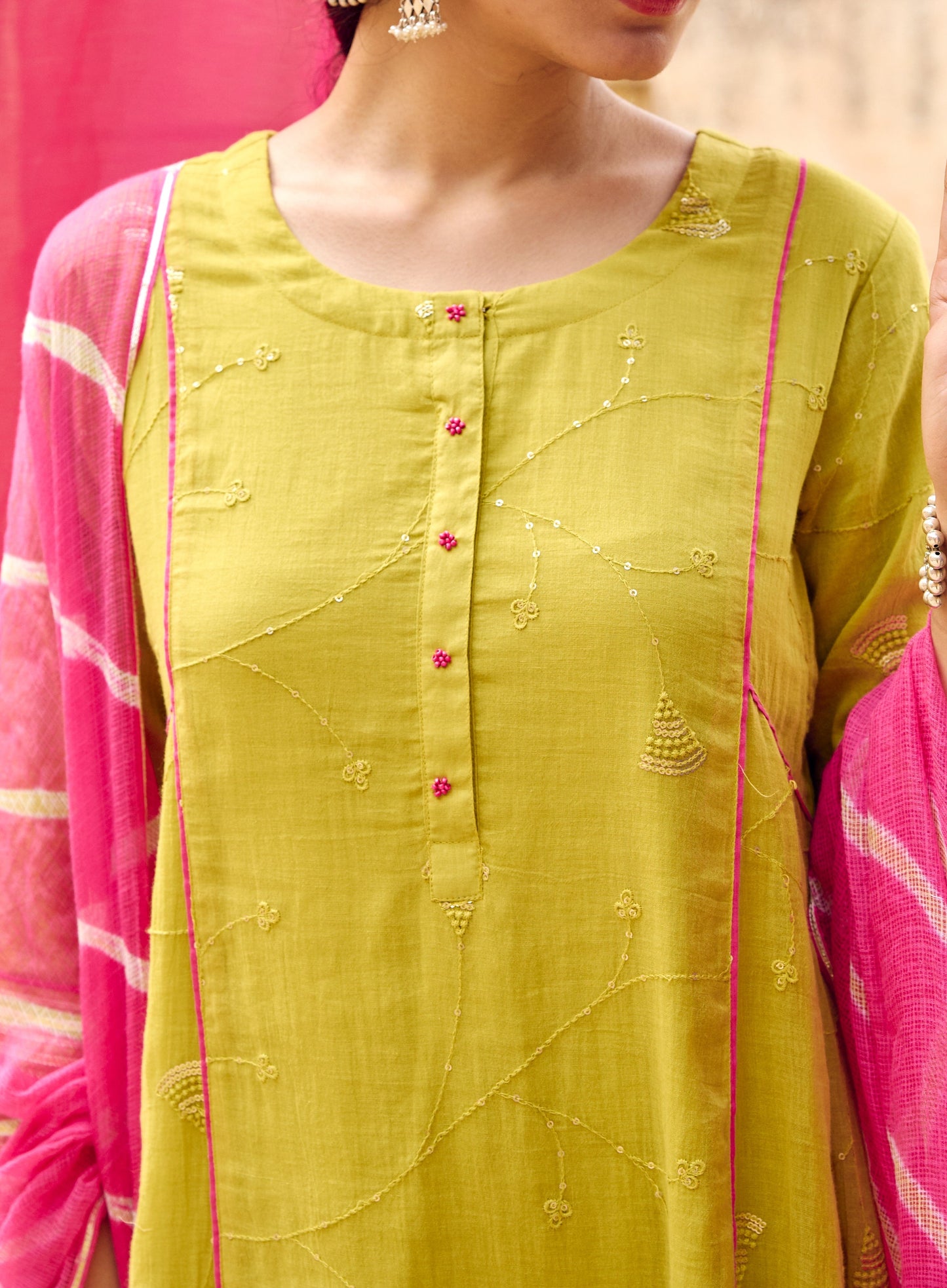 Lime Green Embroidered Kurta Pant Set with Dupatta