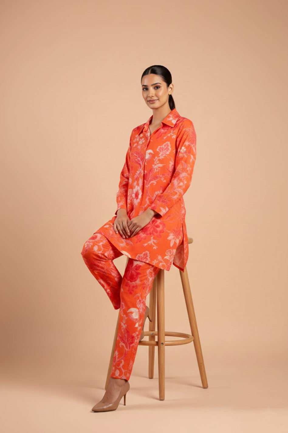 Orange Modal Full Sleeves Shirt Collar Co‑Ord Set