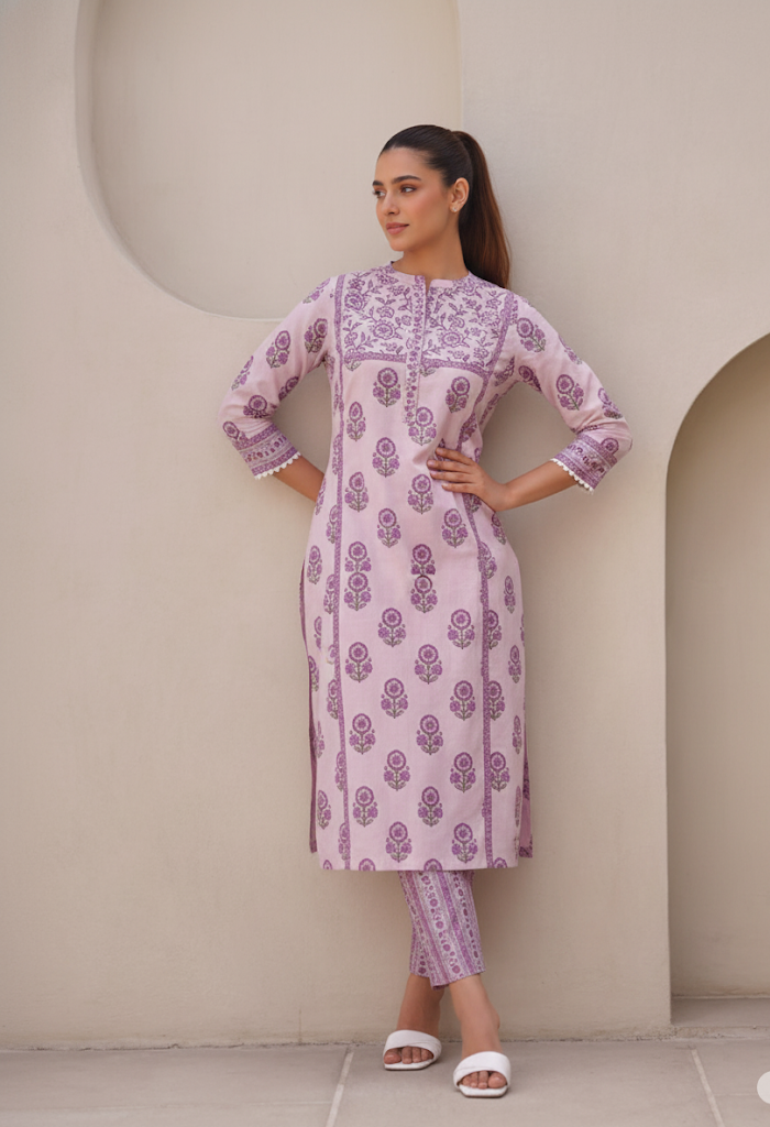 Lavender Printed Cotton Kurta Set (Lace + Sequin)