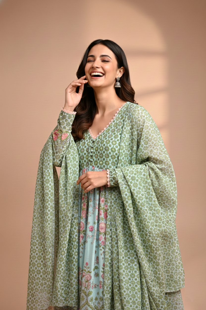 Green Mulmul Embroidered Kurta Palazzo Set with Dupatta