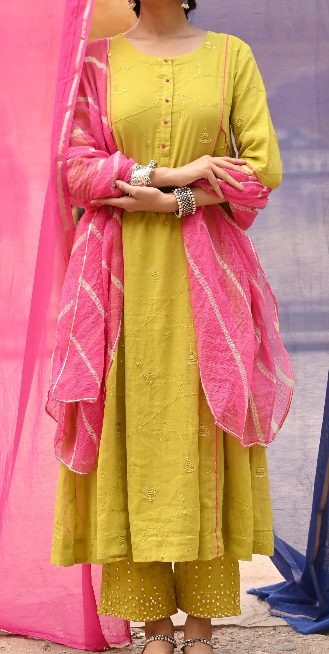 Lime Green Embroidered Kurta Pant Set with Dupatta