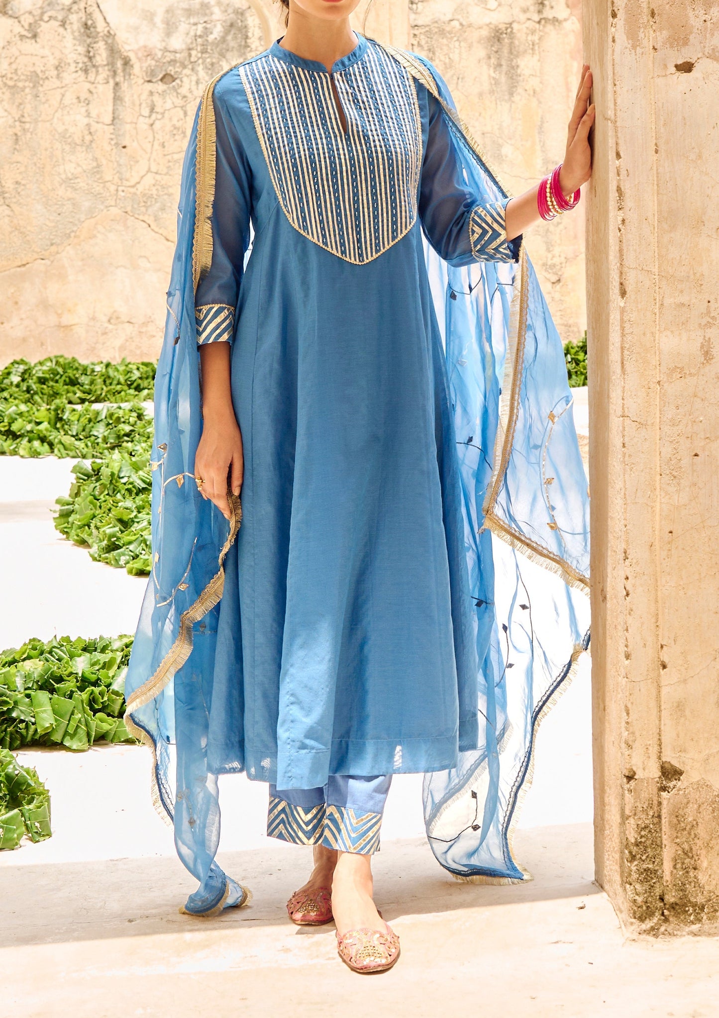 Blue Mulmul Gota Embellished Kurta-Pant-Dupatta Set