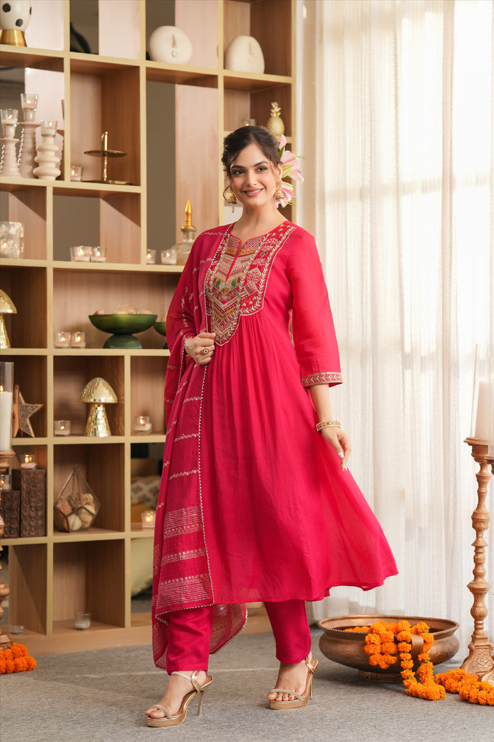 Red Mul Chanderi Thread‑Embroidered Anarkali Suit Set